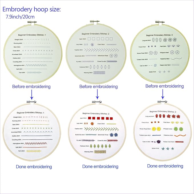 Bonroy Beginners Embroidery Practice kit 3 Sets to Learn 30 Different Stitches for Craft Lover Hand Stitch with Embroidery Fabric with Skill Techniques