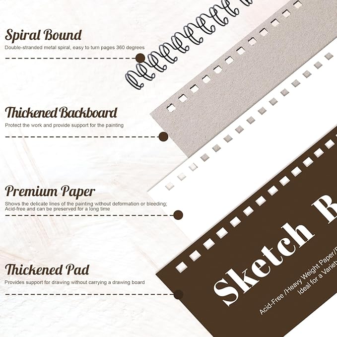 12 pack sketch book, 5.5 x 8.5 inch sketchbook, 68lb/100gsm top spiral bound sketch pad, acid free art supplies drawing painting sketching paper for kids, beginners, artists (tan)