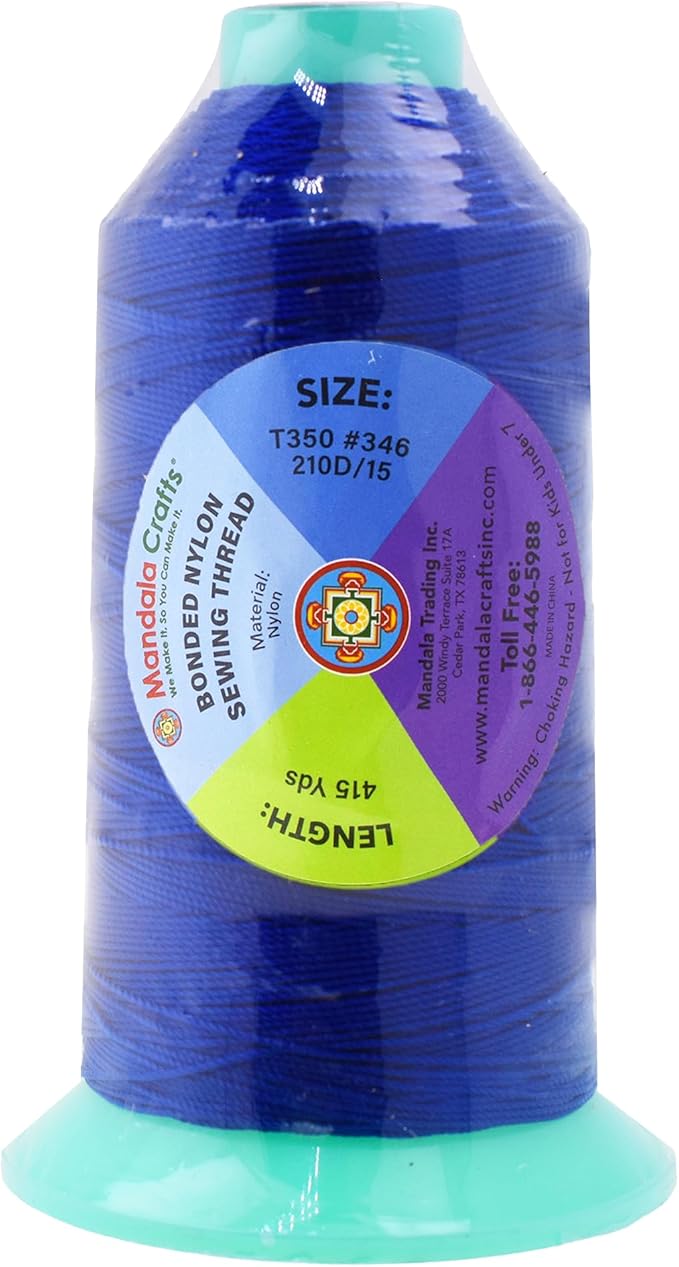 Mandala Crafts Size 346 210D T350 Bonded Nylon Thread - Royal Blue 415 YDs Tex 350 Heavy Duty Sewing Threads for Leather, Jeans, Weaving, Outdoor Marine Upholstery