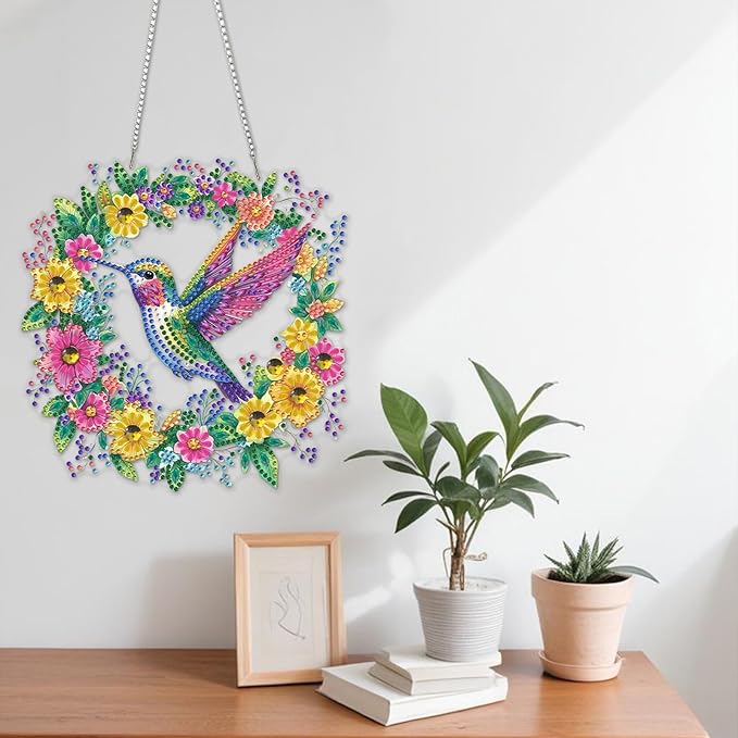 NAIMOER Diamond Art Hanging Kits for Adults Hummingbird Flower 5D Special Shaped Rhinestone, DIY Acrylic Diamond Art Painting Window Pendants Home Garden Wall Hanging Ornament Kits, Double Sided