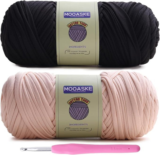 2 Pack T-Shirt Crochet Yarn for DIY Knitting Crochet Cloth Blanket Bag Dolls - 400g Chunky Thick Yarn for Crocheting with Polyester-Spandex Blend Elastic Fabric (Black+Beige)