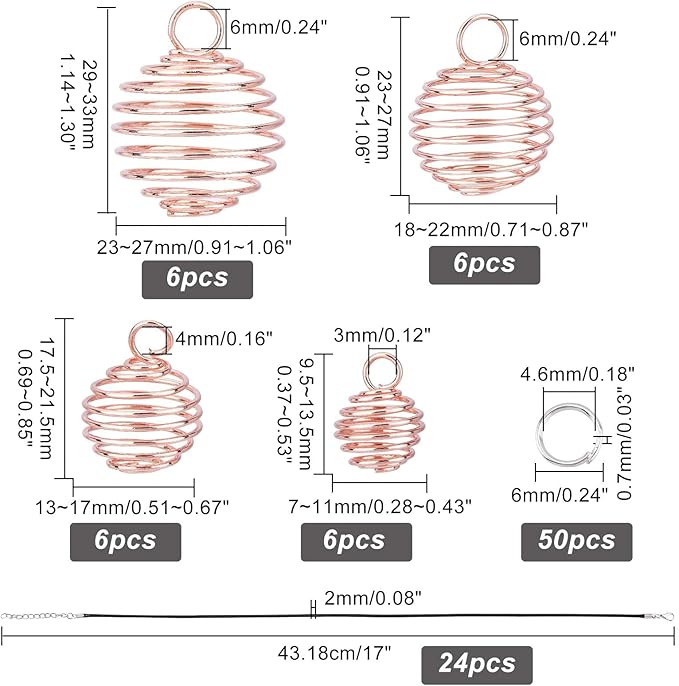 PH PandaHall 24pcs 4 Sizes Spiral Bead Cages Pendants Stone Holder Necklace Cage 24 Strands 17 Inch Black Leather Necklace Cord 50pcs 6mm Open Jump Ring Rock Tumbler Jewelry Making, Rose Gold