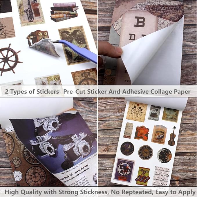 50 Sheets Pre-Cut Washi Sticker Book for Adults, 412Pcs Vintage Stickers, 20 Adhesive Collage Papers, Ephemera for Junk Journal, Journaling, Scrapbooking Supplies, Bujo