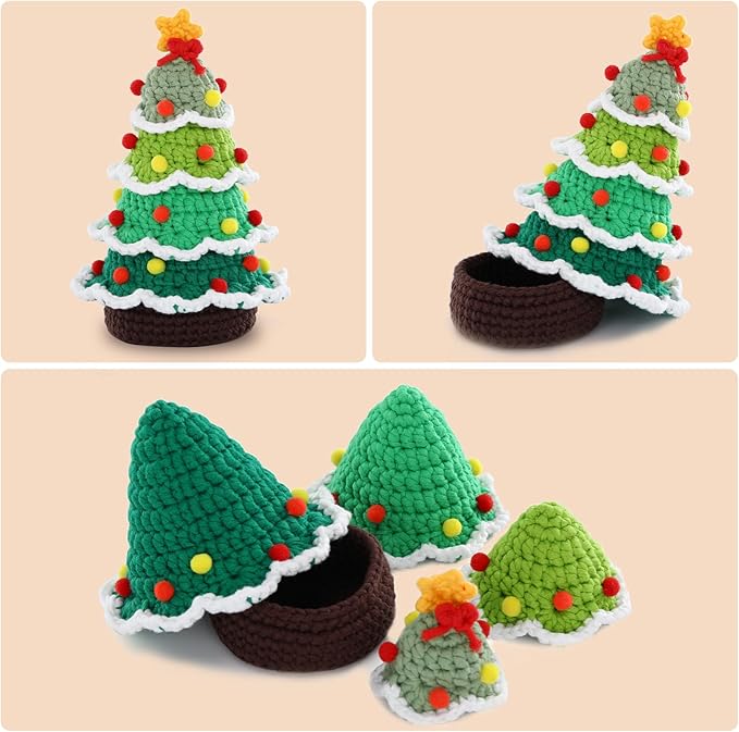 CrochetBox Christmas Crochet Kit for Beginners - Christmas Tree Starters Crochet Kit, Beginners Crocheting Kitting for Adults Teen, Gifts with Crochets Yarns, Hook, Step-by-Step Video, Instruction