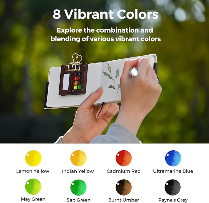 Funto Mini Watercolor Paint Set, All-in-One Walnut Wood 8-Color Premium Pocket Travel Paint Kit, with Crossbody Bag, Watercolor Journal, Metal Clip, Paint Water Cup, Water Brush, Ideal for Art Lovers