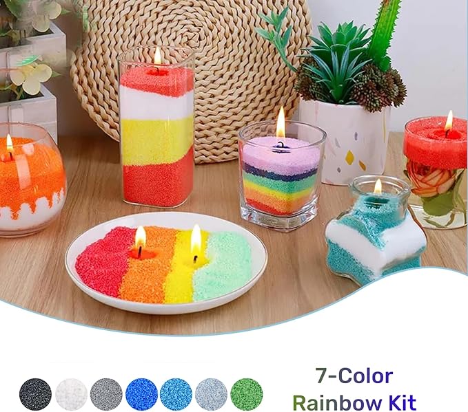 7-Color Pearled Candle Sand Set 12.35oz Colorful Sand Candle Wax with 50pcs Wicks & Candle Trays Refillable Unscented Candle Making Sand Wax for Home Décor, Handcraft and Gifting (7-Color Set B)