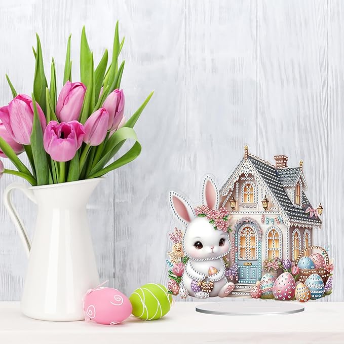 DIY Dot Diamond Art Painting Desktop Easter Creative Ornaments by Number Embroidery Arts and Crafts Easter for Home Office Garden Decoration (Single Side Dot Diamond)-Easter Bunny-1