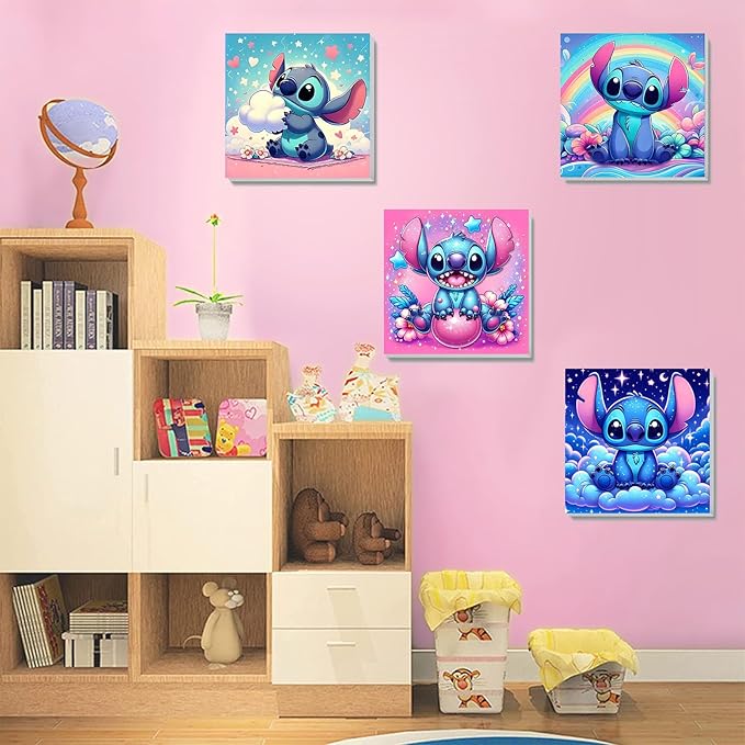 4 Pack Cartoon Paint by Numbers for Kids with Framed Canvas-with Wooden Easel, Paint by Number for Kids Ages 4-8-12, DIY Easy Acrylic Oil Painting Kits for Home Wall Decor (8X8inch)