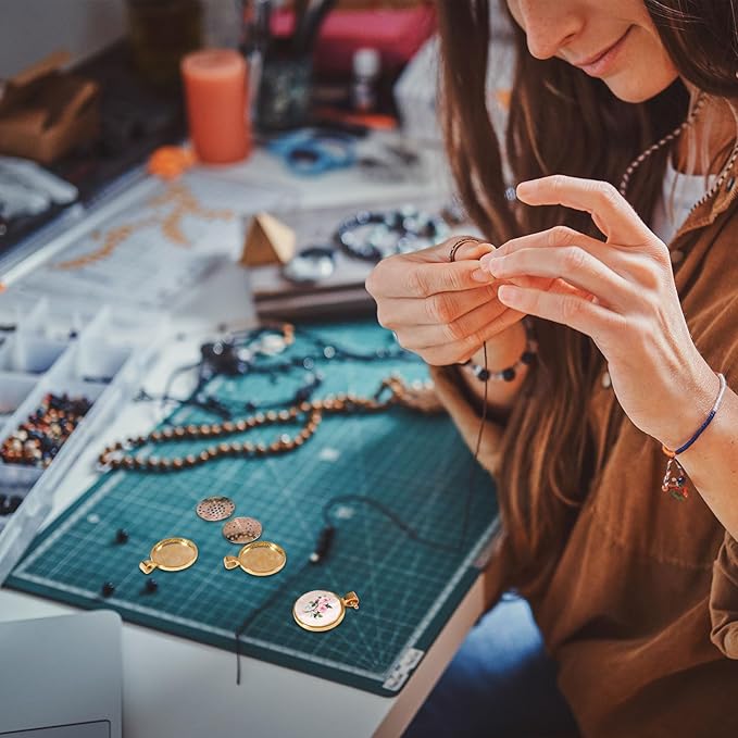 CHGCRAFT 12 Set Embroidery Pendant Tray Set Alloy Embroidery Pendant Kit Round Bezel Pendant Trays Blank Frame with Chain for DIY Jewelry Making Crafts Projects