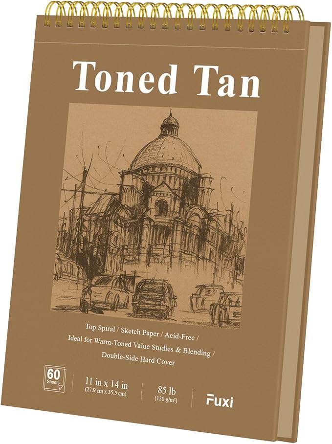 fuxi toned tan sketchbook 11x14 inch, 60 sheets, spiral bound - hard cover, acid-free drawing paper pad for artists, drawing, illustration & art students.