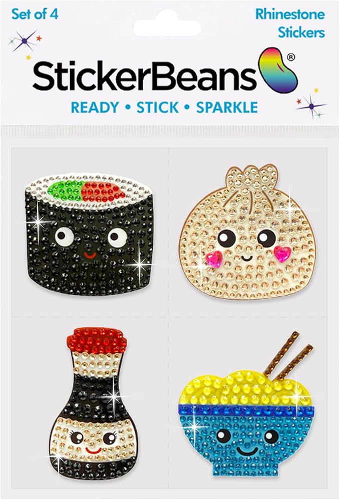 stickerbeans® rhinestone stickers - savory & sushi 4-pack, 2” x 2” each, unique sparkly cut-to-shape for collecting, trading, decorating laptops, phone cases, scrapbooks, for kids, teens, & adults