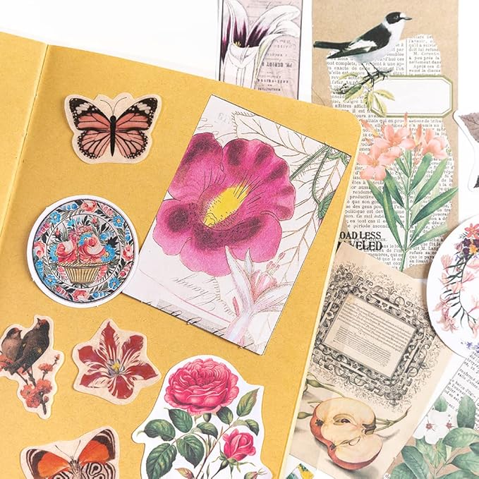 Alideco 200pcs Vintage Scrapbook Supplies Kit Kawaii Mushrooms, Flowers Scrapbooking Paper Washi Bullet Journals Planners Collage Album Aesthetic Cottagecore