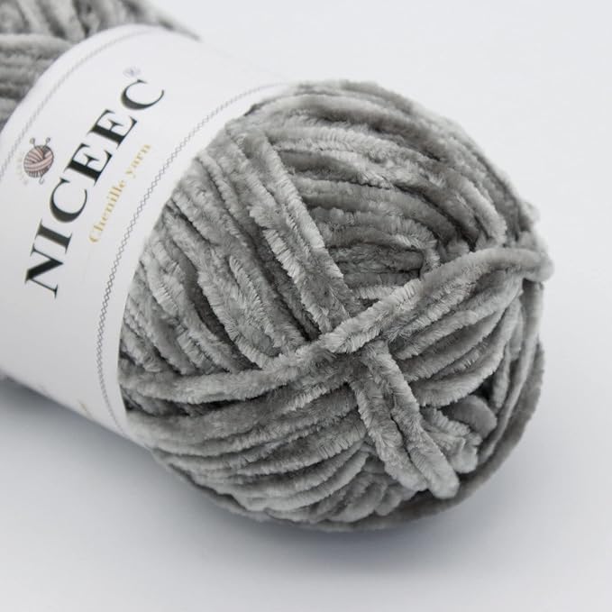 NICEEC 2 Skeins Soft Chenille Yarn Blanket Yarn for Knitting Fancy Yarn for Crochet Weaving DIY Craft Total Length 2×255m (2×279yds, 2×150g)_Light Grey