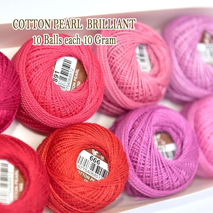 Double Mercerized Egyptian Long Staple Cotton Pearl Thread Ball 10 Grams Rainbow Color Embroidery Thread 10 Colors per Box for Crochet Hardanger Cross Stitch Hand Embroidery,red Series