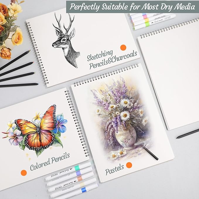 12 pack sketch book, 9 x 12 inch sketchbook, 68lb/100gsm top spiral bound sketch pad, acid free art supplies drawing painting sketching paper for adults, beginners, artists (30 sheets each)