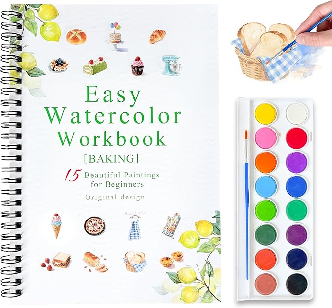 Watercolor Workbooks, 16 Colors Water Color Books Paint Set for Adults, Watercolor Coloring Book for Beginners, Water Color Workbook, 15 Beautiful Paintings for Beginners (Baking)