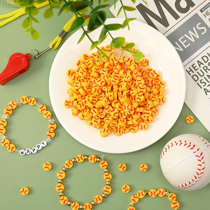Augshy 300Pcs Softball Clay Beads for Jewelry Making, Softball Polymer Clay Beads Baseball Loose Spacer Bead for Bracelets Necklaces Earrings and Crafts Supplies