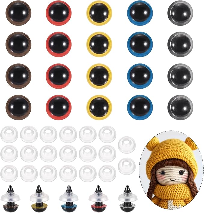 PATIKIL 10mm Safety Eyes, 20Pcs Realistic Doll Crocheting Safety Eyes with Washers for Decor Crochet Accessories Dolls Craft Halloween, Brown/Blue/Clear/Red/Yellow