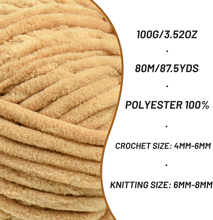 Fluffy Chenille Yarn for Crocheting, Chunky Velvet Yarns for Crochet Amigurumi, Baby Yarn for Crocheting Soft Blanket, 87.4yds /3.5 oz Bulky Yarns for Crafts/Hats/Shoes/Socks (Khaki)