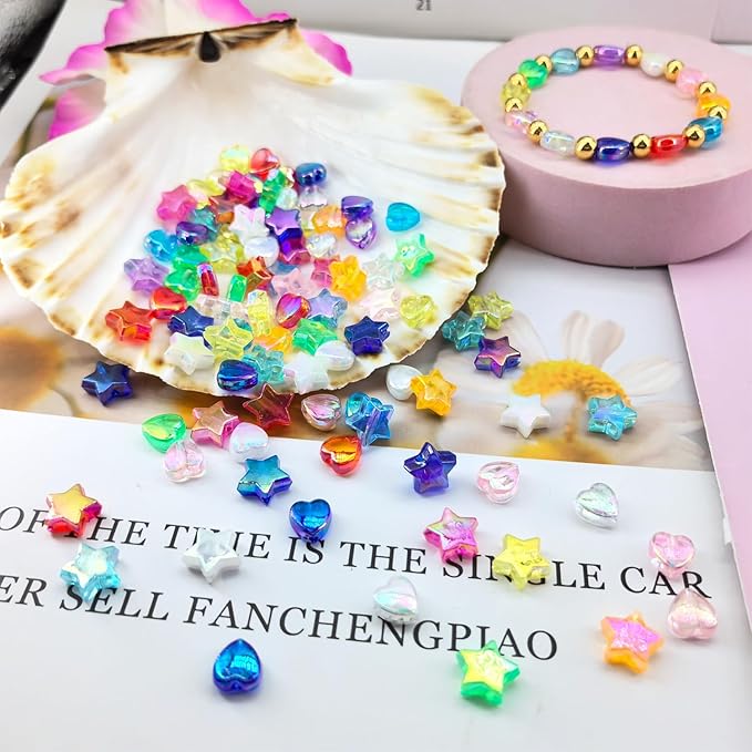 840 PCS Acrylic Beads Heart Star Shape Beads for Jewelry Making, Clear Acrylic AB Colors Bead Assortments Colorful Charming Beads Loose Beads Spacer for DIY Necklace Bracelet Jewelry Craft Making