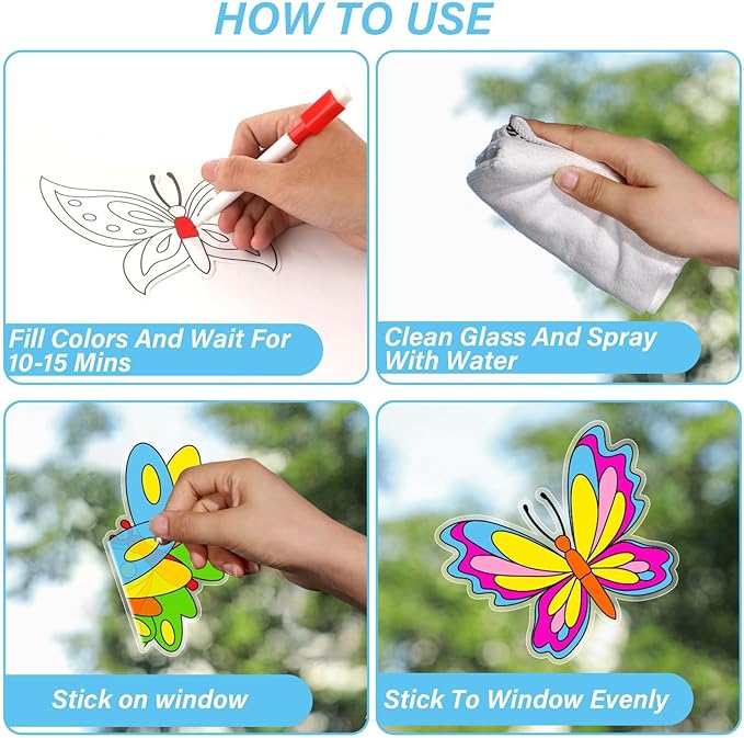 Qyeahkj 30 Pack Spring Butterfly Crafts for Window Suncatchers Crafts Kit DIY Spring Coloring Arts Crafts Window Clings Stickers with 8 Markers Hobby Gifts for Home Decorations