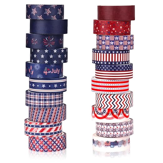 Independence Day Decorative Tape Set 20 Rolls 4th of July Washi Tape Patriotic Stripes Washi Masking Tape for Holiday Kids DIY Art Crafts Notebook Scrapbooking & Stamping Supplies