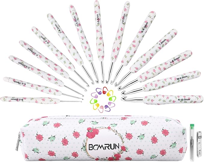 BCMRUN Crochet Gifts, 14pcs Flower Pattern 2.25mm-10mm Soft Grip Metal Crochet Hooks for Crocheting & Knitting, Weave Yarn Craft Kits (White)