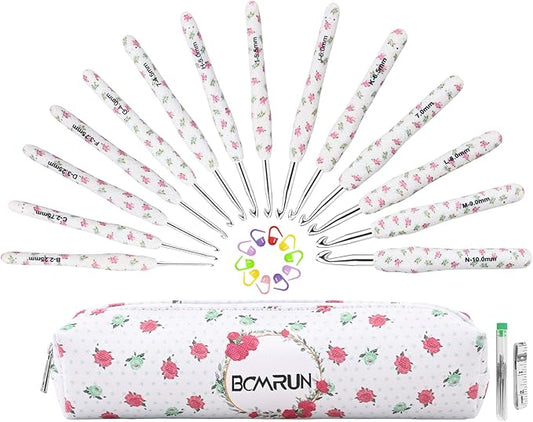 BCMRUN Crochet Gifts, 14pcs Flower Pattern 2.25mm-10mm Soft Grip Metal Crochet Hooks for Crocheting & Knitting, Weave Yarn Craft Kits (White)