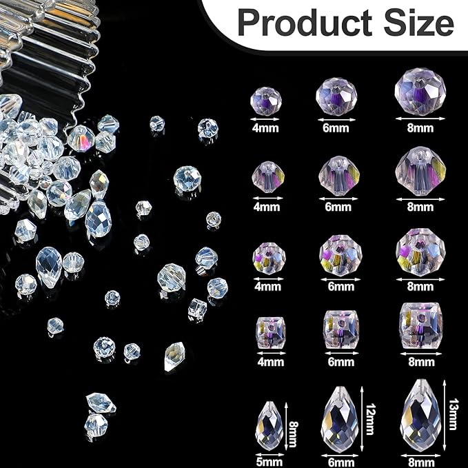Kigeli 1280 Pcs Glass Beads Bulk Assorted Crystal Beads for Jewelry Making Faceted Teardrop Rondelle Briolette for DIY Crafts Necklace Wristband Earring Kit(Classic,AB Color)