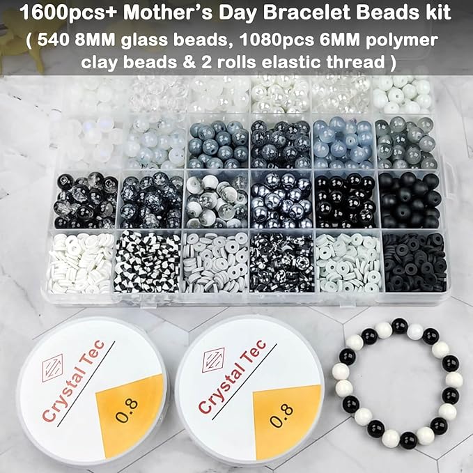 1600PCS+ Black Glass Beads for Jewelry Making, 8mm White Crackle Lampwork Glass Bead Polymer Clay Beads Round Spacer Crystal Beads for Friendship Bracelet Necklace Earring (White+Black+Grey)