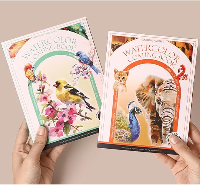 RGBMIX Watercolor Coloring Book for Adults Stress Relief Foldable Painting Pad with 24-Color Paint (Animals)
