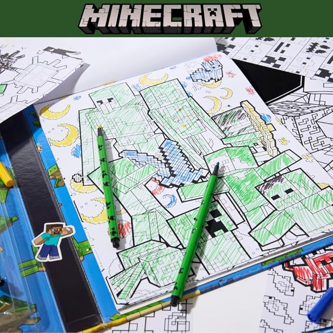 Minecraft Coloring Book for Adults and Kids, Black & White Sheets, Velvet Coloring Pages, Stickers, Washable Markers