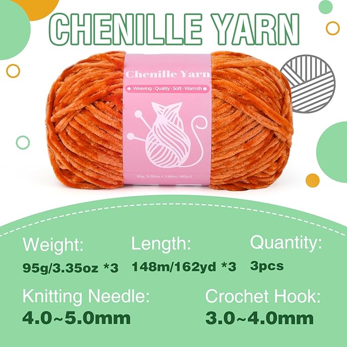 LUNARM Chenille Velvet Yarn for Crocheting Knitting, Soft Yarn for Making Blankets Clothes - 3 * 3.35oz, 3 * 162yds (Orange)