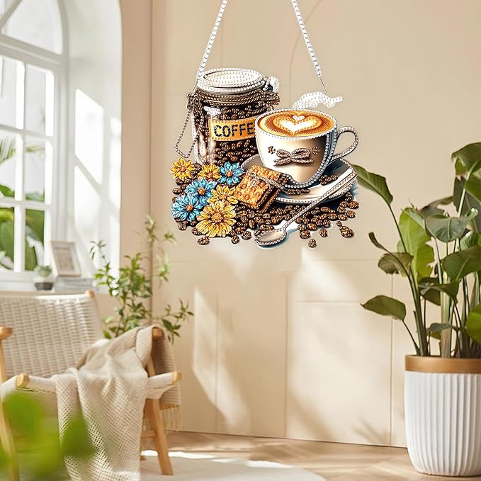 Lxmsja DIY Coffee Beans Diamond Painting Hanging Ornament, Double-Sided Acrylic Flowers Diamond Art Kit, Special Shaped Drill Pendant Window Art Kit, Suncatcher Hanging Craft Decoration 8x8 inch
