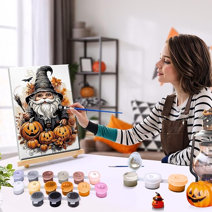 JOOZ Paint by Numbers Kit for Adults with Frame Gnome Paint by Number with Easel Halloween Adult Paint by Number Kits Framed Canvas DIY Oil Painting Kits for Ideal Gift Home Wall Decor 8x12 Inch