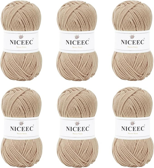 NICEEC 300g Soft Assorted Colors Yarn - Sport Weight,100% Acrylic, 4 Ply, Bonbons Yarn for Crochet & Knit, DIY Project Starter Kit for Kids or Adults(Total 870yds) - Beige