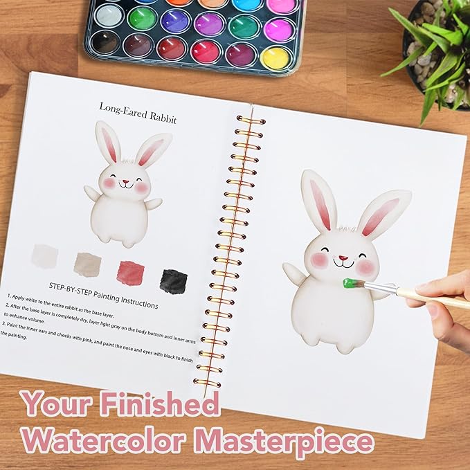 Easy Watercolor Workbook for Beginners - 12 Beautiful Step-by-Step Paintings Water Coloring Book, Includes 18 Colors Paints, Relaxing Art Projects and Creative Gift for Adults & Teen (Animals)