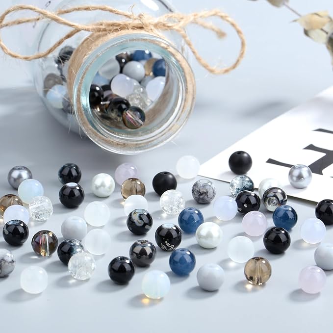 DUQGUHO 8mm Black Beads for Bracelets Black and White Glass Beads for Jewelry Making Glass Round Bead Necklaces DIY Crafts Kit 360PCS