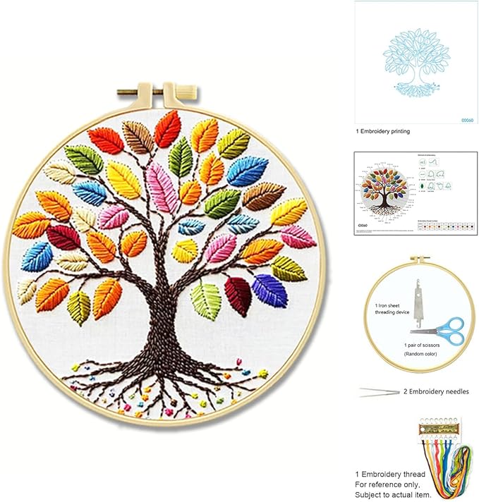 Zhenqing Rainbow Tree of Life Embroidery Kit for Beginners - 29x29cm Printed Fabric with Hoop & Full Tools (C0060)