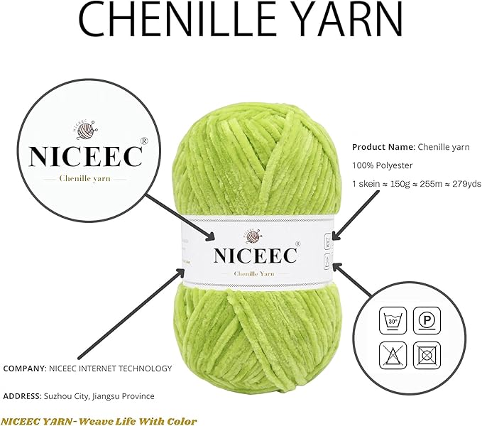 NICEEC 2 Skeins Soft Chenille Yarn Blanket Yarn for Knitting Fancy Yarn for Crochet Weaving DIY Craft Total Length 2×255m (2×279yds, 2×150g)_Spring Green