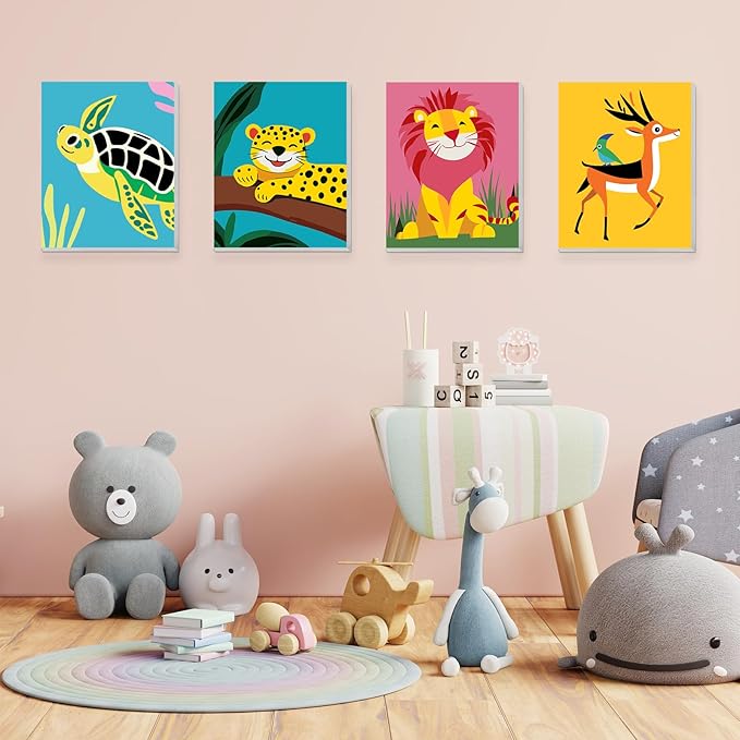 KEYIFA 4 Pack Framed Paint by Numbers Kit for Kids Age 6-12, Easy Animal Paintings for Adult Beginner, Framed Acrylic Canvas Painting for Home Decor Children Gift, 8x10 in (Deer+Turtle+Lion+Leopard)