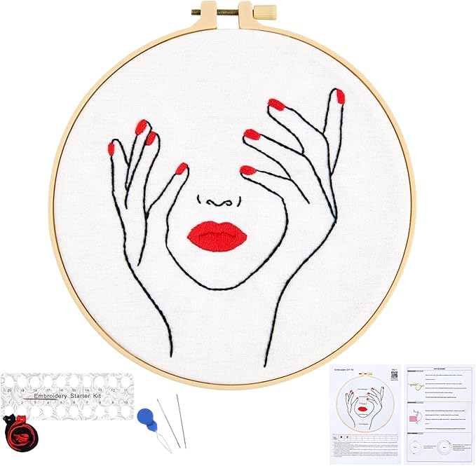 Embroidery Starter Kits for Beginners Adults, Stamped Cross Stitch Kits with Human Face Patterns for Beginners Adults, Craft Hobbies Set for Women, Embroidery Fabric, Threads, Hoops and Video Tutorial