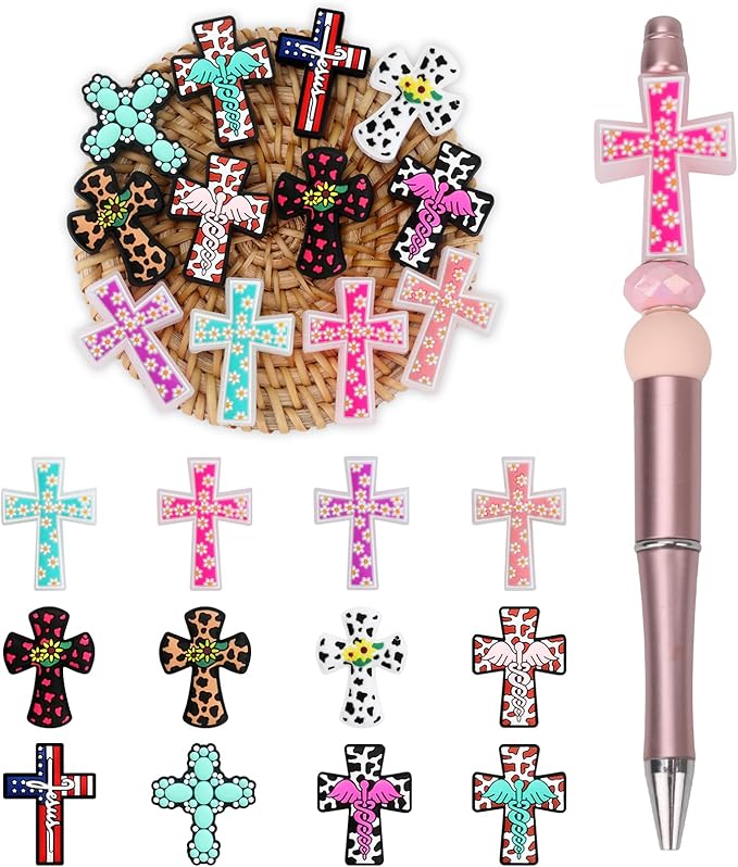 12pcs Cross Silicone Focal Beads, Focal Beads for Pens，Keychain Making, Bracelet, Necklace Crafts, Bulk for DIY（Cross）