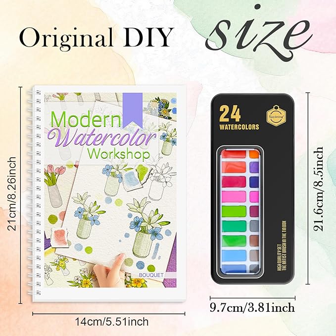 4Pcs Watercolor Workbook with Step by Step, Water Coloring Book with 48 Patterns, Beginner-Friendly Watercolor Workbooks with 24 Paint Colors, Valentine's Day Stress - Relieving Gift for Women