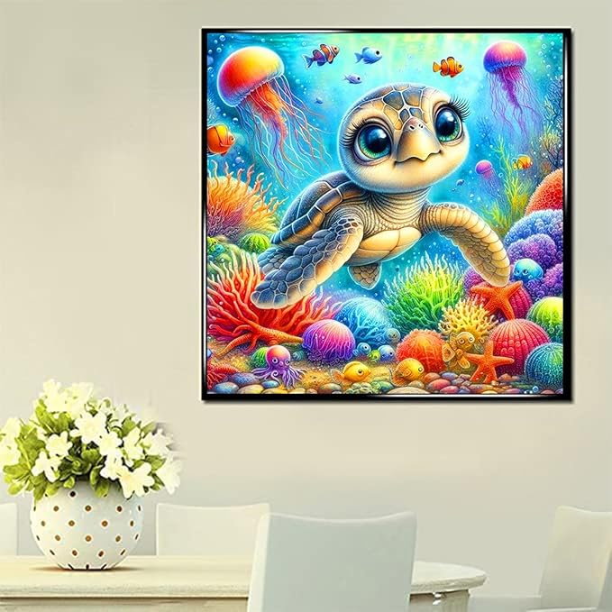 ijbnhd Cute Turtle Diamond Painting Kit for Adults, Sea Turtle Diamond Art Kits for Beginners, Full Drill Round Gem Art Diamond Painting for Home Wall Decor Gift 14x14inch