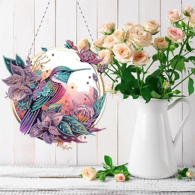POETRYDRAW DIY Hanging Diamond Art Pendant Kit Hummingbird, Special Crystal Diamonds Painting Ornament for Adults, Diamond Art Suncatchers Double Sided Board Gem Painting Box Kit