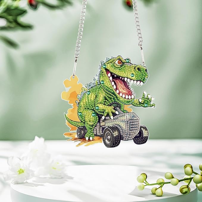 AiYuanzsh Diamond Painting Hanging Pendant Kit - Dinosaur Driving Car 5D Diamond Painting Kits for Adults - Crystal Rhinestones Diamond Art Pendant for Door Wall Window Home Xmas Halloween Decor