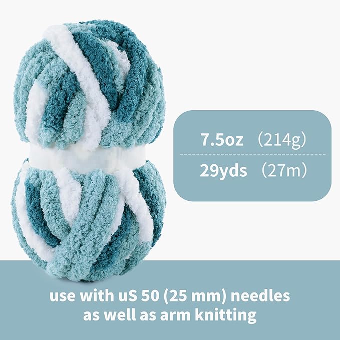 HOMBYS Chunky Tie Dye Mix Chenille Yarn for Hand Knitting, Super Bulky Jumbo Yarn for Crocheting, 3/4" Thick Soft Plush Yarn for Blankets, 8 Skein Pack (26 yds / 7.5 oz Each) Blue Multi,White