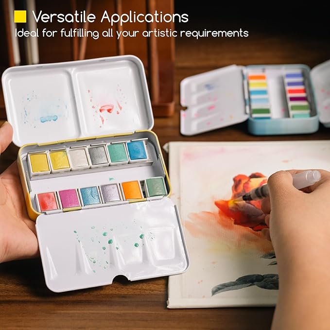 MEEDEN Metallic Watercolor Paint Set : 12 Colors Travel Watercolor Set with Brush in Half Pans - Portable Watercolor Paints for Adults & Artist