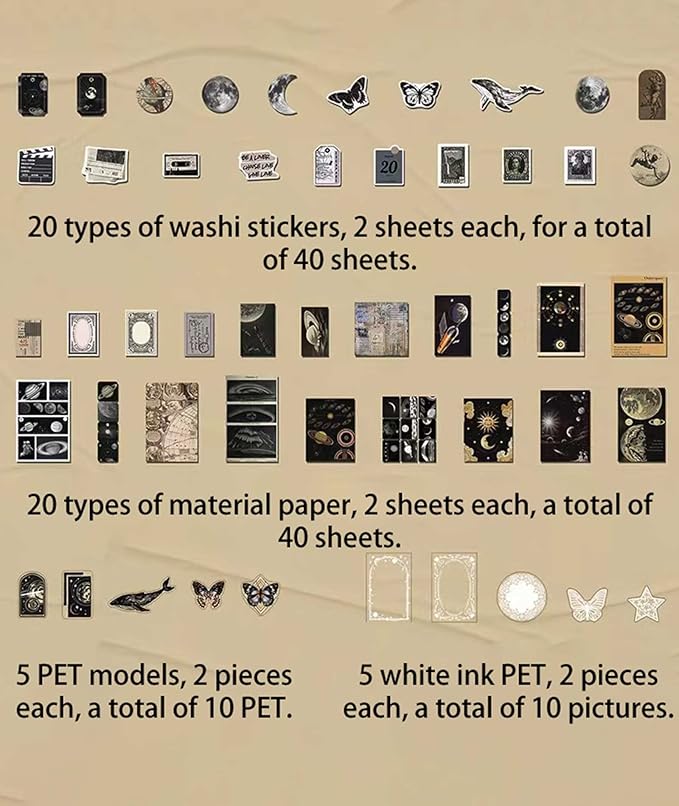 Vintage Ephemera Scrapbook Stickers,100 Pieces Star Universe Bundle Junk Journal Kit Supplies Material Paper Pack Decorative Aesthetic for Craft Art Bullet Junk Journal Planner Collage Album